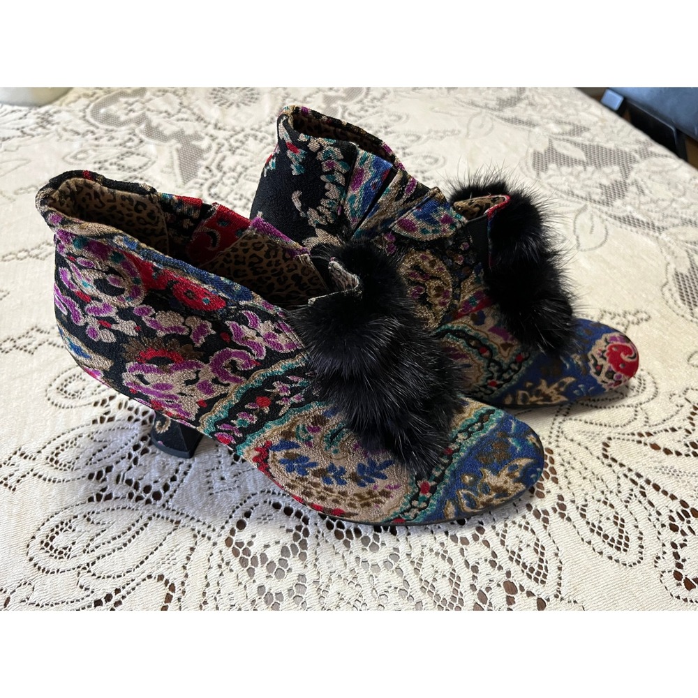 Baci Tapestry Ankle Boots Multi-Color Paisley Fur Pom Pom Leopard Print Heels